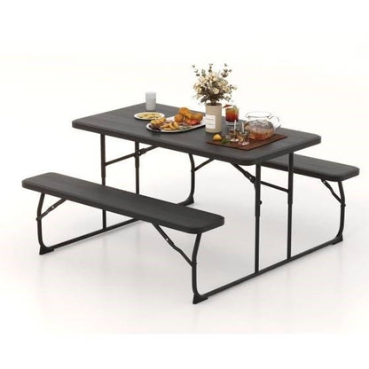 Folding Picnic Table with 2 Benches Outdoor Patio Dining Set in Black - Asmota