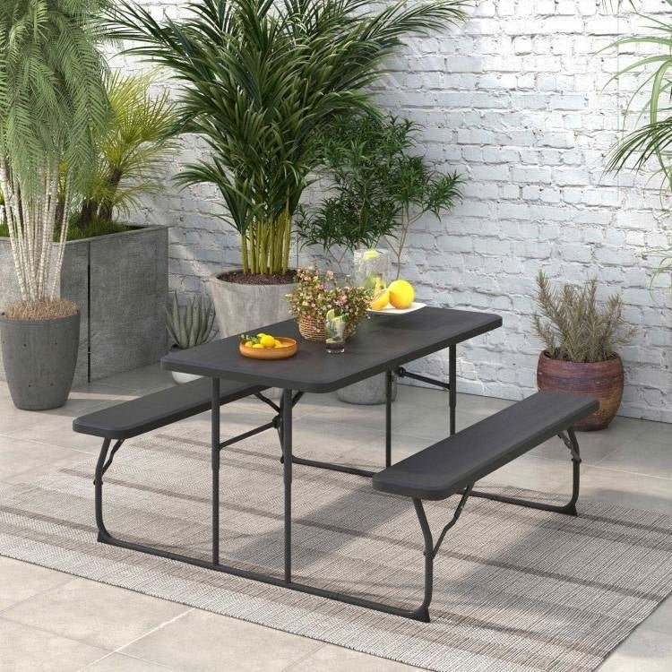 Folding Picnic Table with 2 Benches Outdoor Patio Dining Set in Black - Asmota