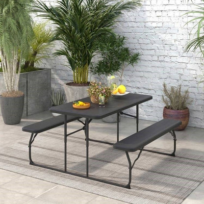 Folding Picnic Table with 2 Benches Outdoor Patio Dining Set in Black - Asmota