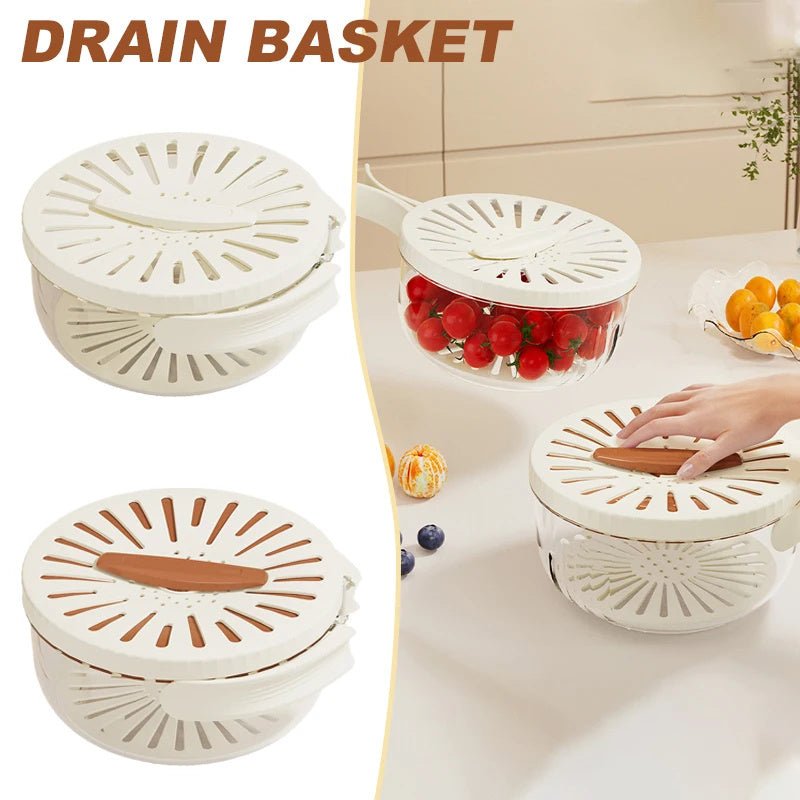 Fruit Drain Basket With Lid Vegetable Washing Bowl Foldable Handle Cleaning Colander Plastic Refrigerator Crisper Kitchen Box Kitchen Gadgets - Asmota