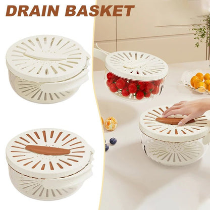 Fruit Drain Basket With Lid Vegetable Washing Bowl Foldable Handle Cleaning Colander Plastic Refrigerator Crisper Kitchen Box Kitchen Gadgets - Asmota