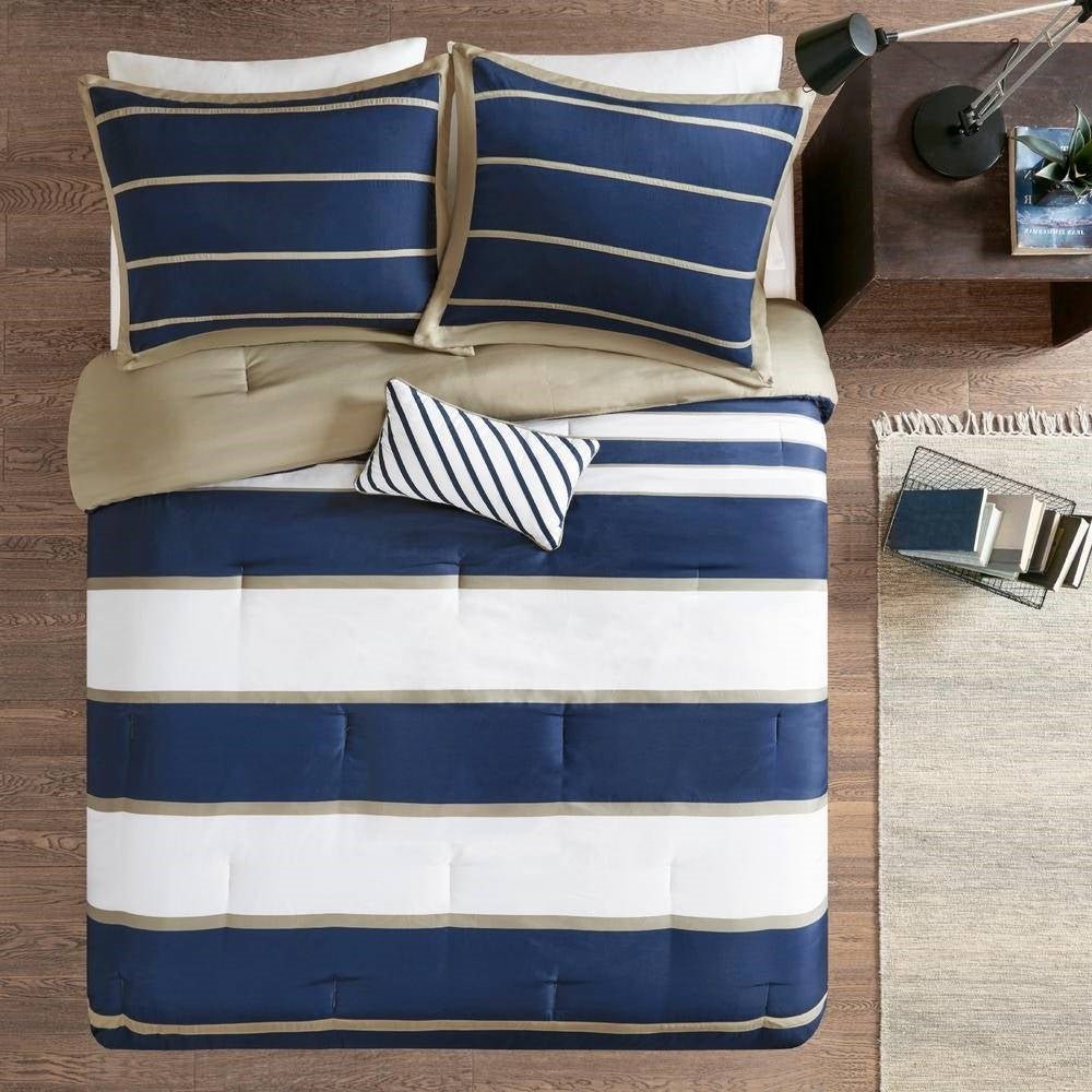 Full / Queen size Comforter Set in Navy Blue White Khaki Stripe - Asmota