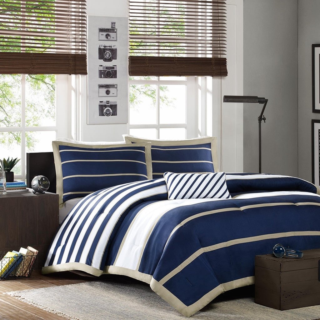 Full / Queen size Comforter Set in Navy Blue White Khaki Stripe - Asmota
