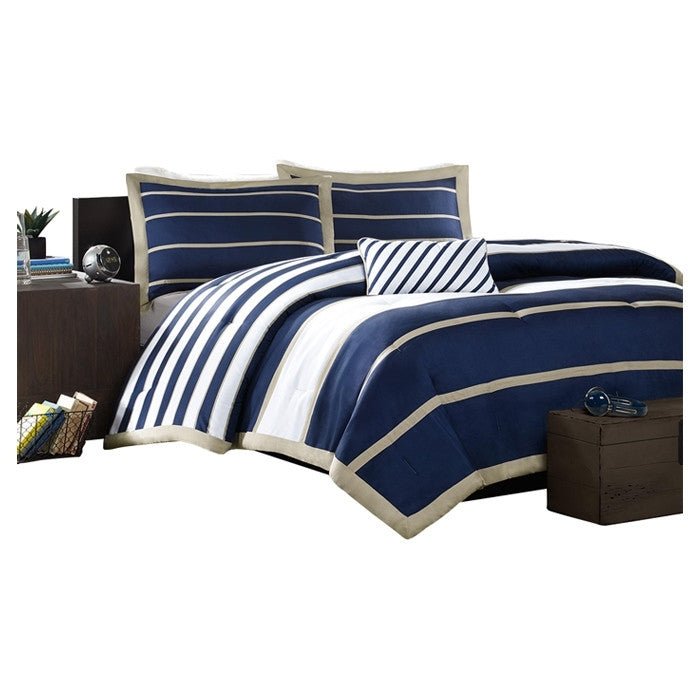 Full / Queen size Comforter Set in Navy Blue White Khaki Stripe - Asmota