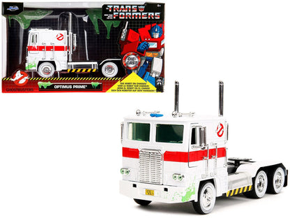 G1 Autobot Optimus Prime Truck White with Robot on Chassis from "Transformers" TV Series - "Ghostbusters" (1984) Movie Crossover "Hollywood Rides" Series 1/24 Diecast Model by Jada - Asmota