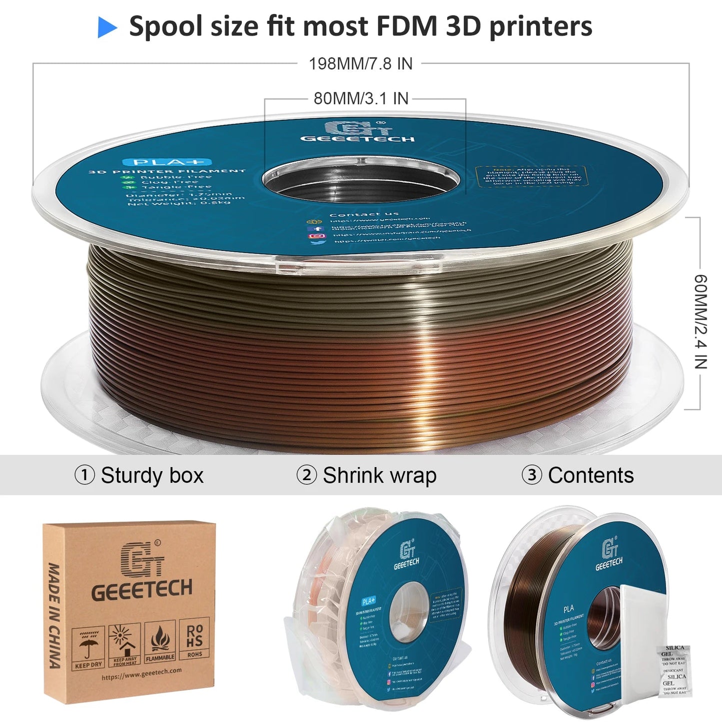 GEEETECH 10Kg 3d Silk PLA Filament 1.75mm Spool Wire For 3D Printer Material,Safety, Vacuum packaging - Asmota