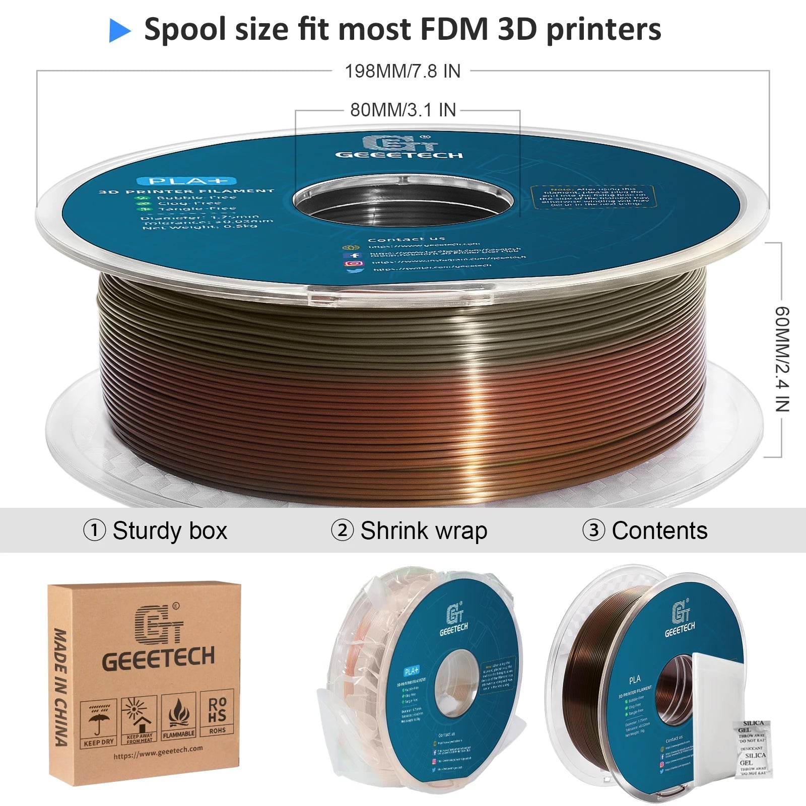 GEEETECH 10Kg 3d Silk PLA Filament 1.75mm Spool Wire For 3D Printer Material,Safety, Vacuum packaging - Asmota