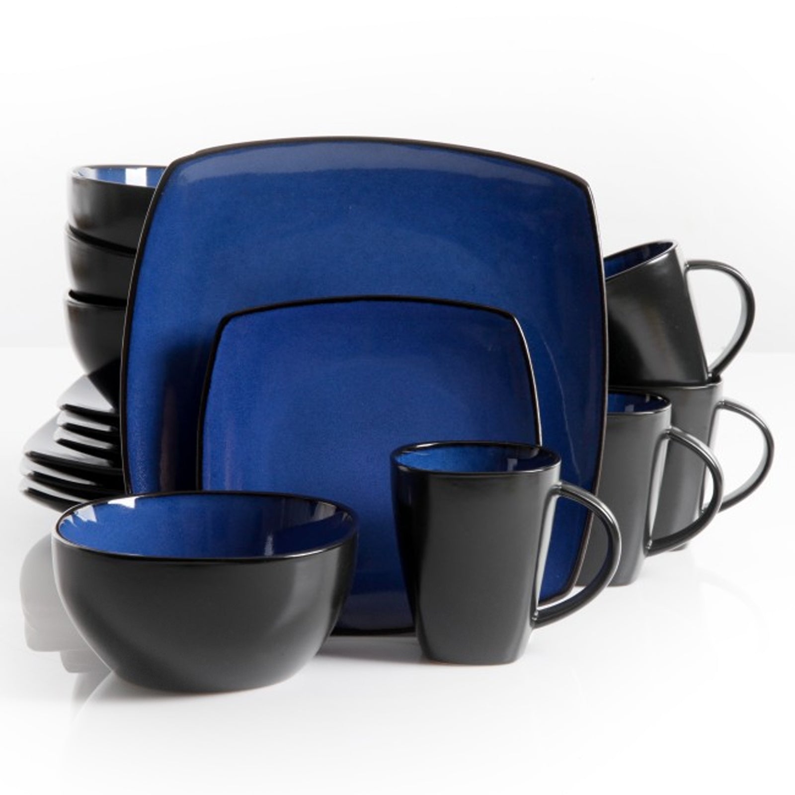 Gibson Soho Lounge 16 Piece Square Stoneware Dinnerware Set in Blue and Black - Asmota
