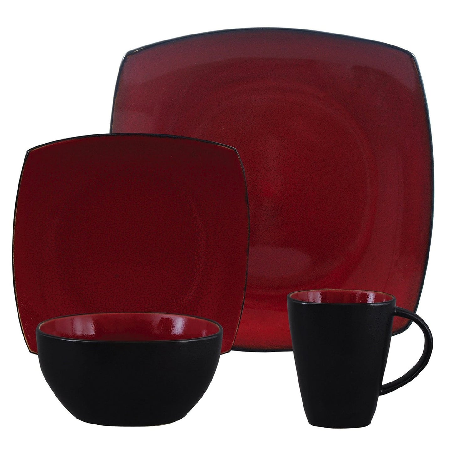 Gibson Soho Lounge 16 Piece Square Stoneware Dinnerware Set in Red and Black - Asmota