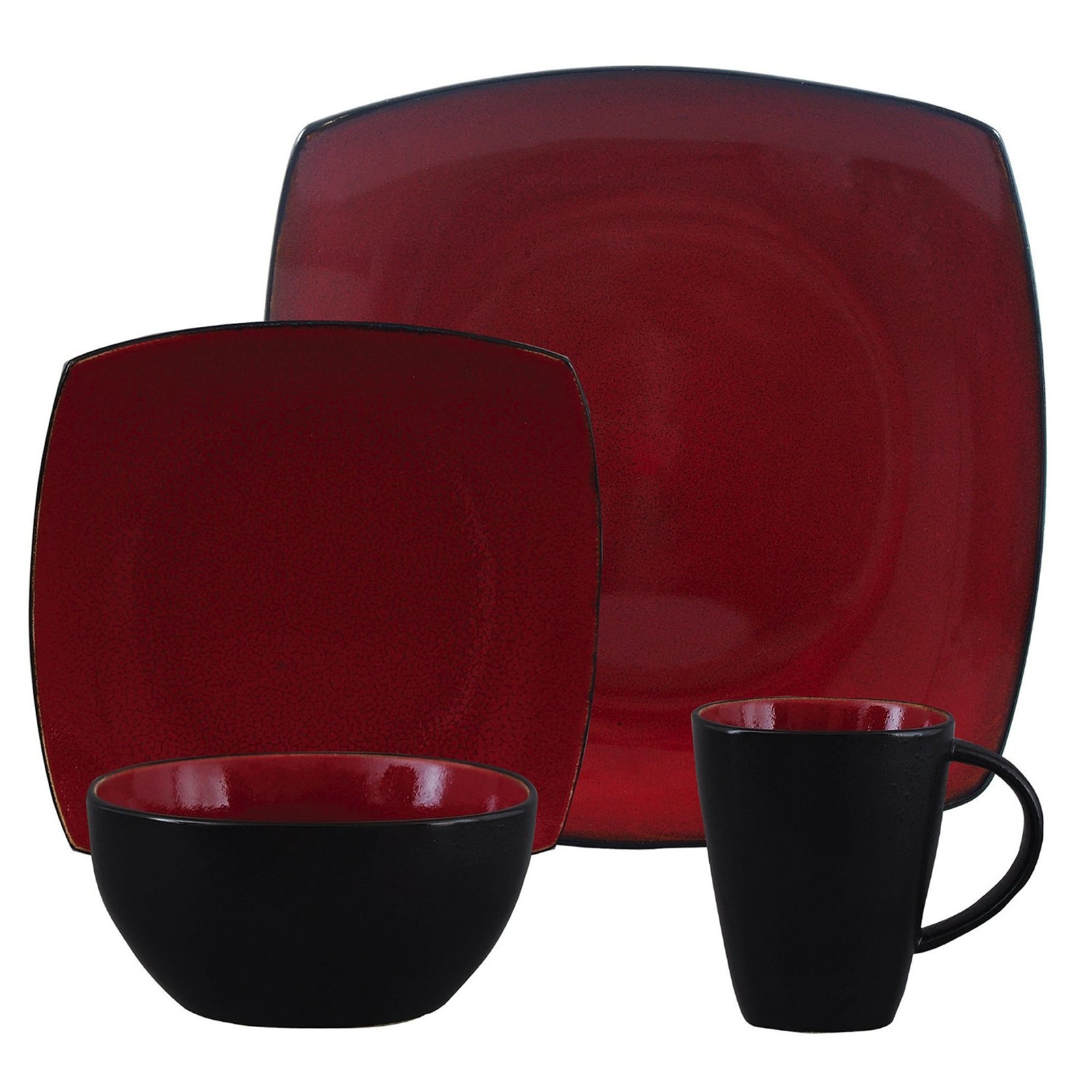 Gibson Soho Lounge 16 Piece Square Stoneware Dinnerware Set in Red and Black - Asmota