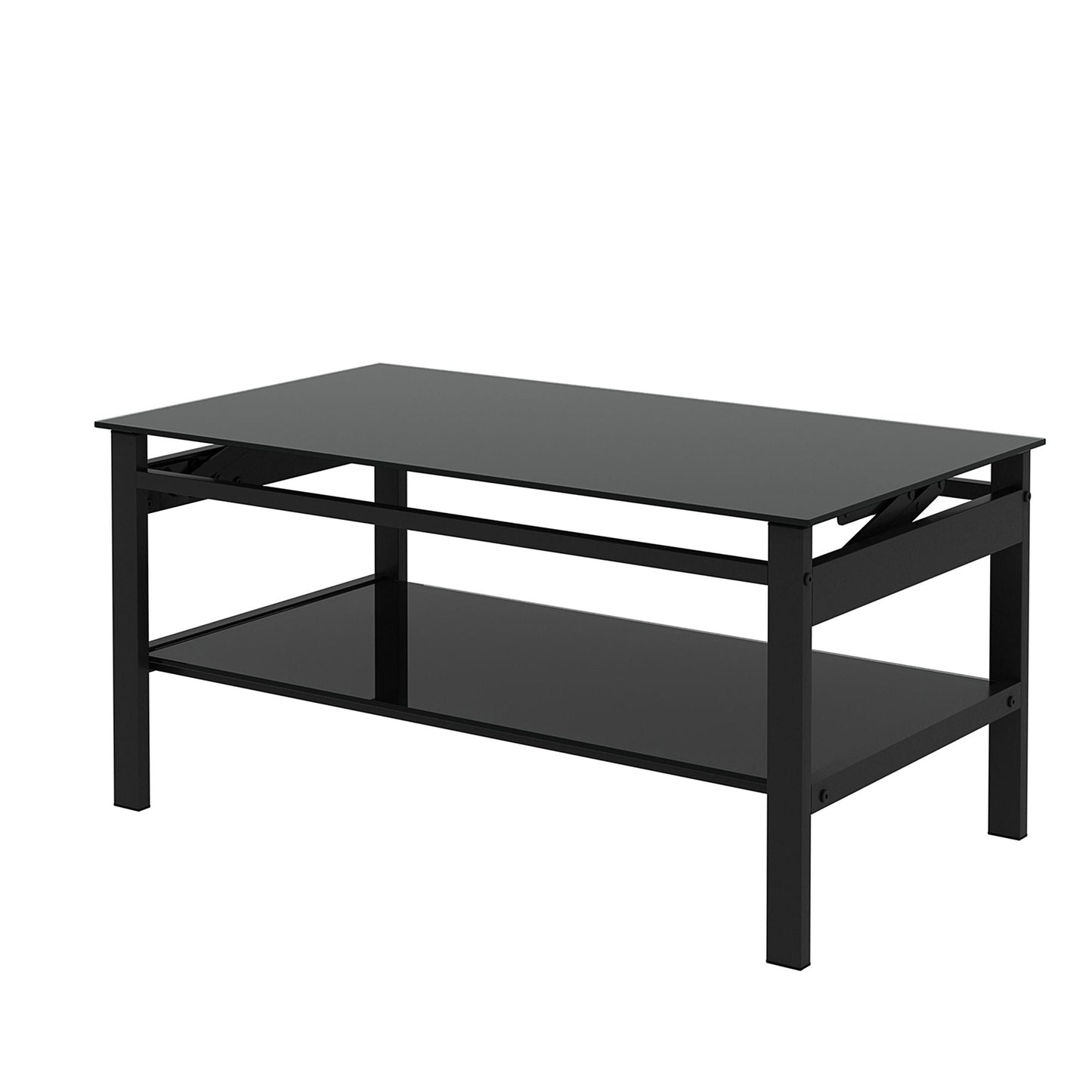 Glass Lift Top Coffee Table, Modern Simple 2 - Layer Tempered Glass Coffee Table for Living Room, Black - Asmota