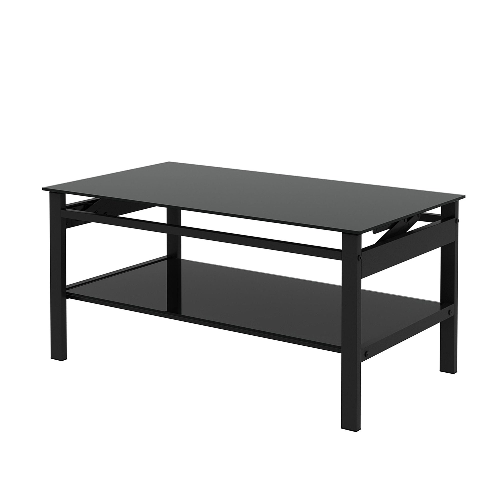 Glass Lift Top Coffee Table, Modern Simple 2 - Layer Tempered Glass Coffee Table for Living Room, Black - Asmota