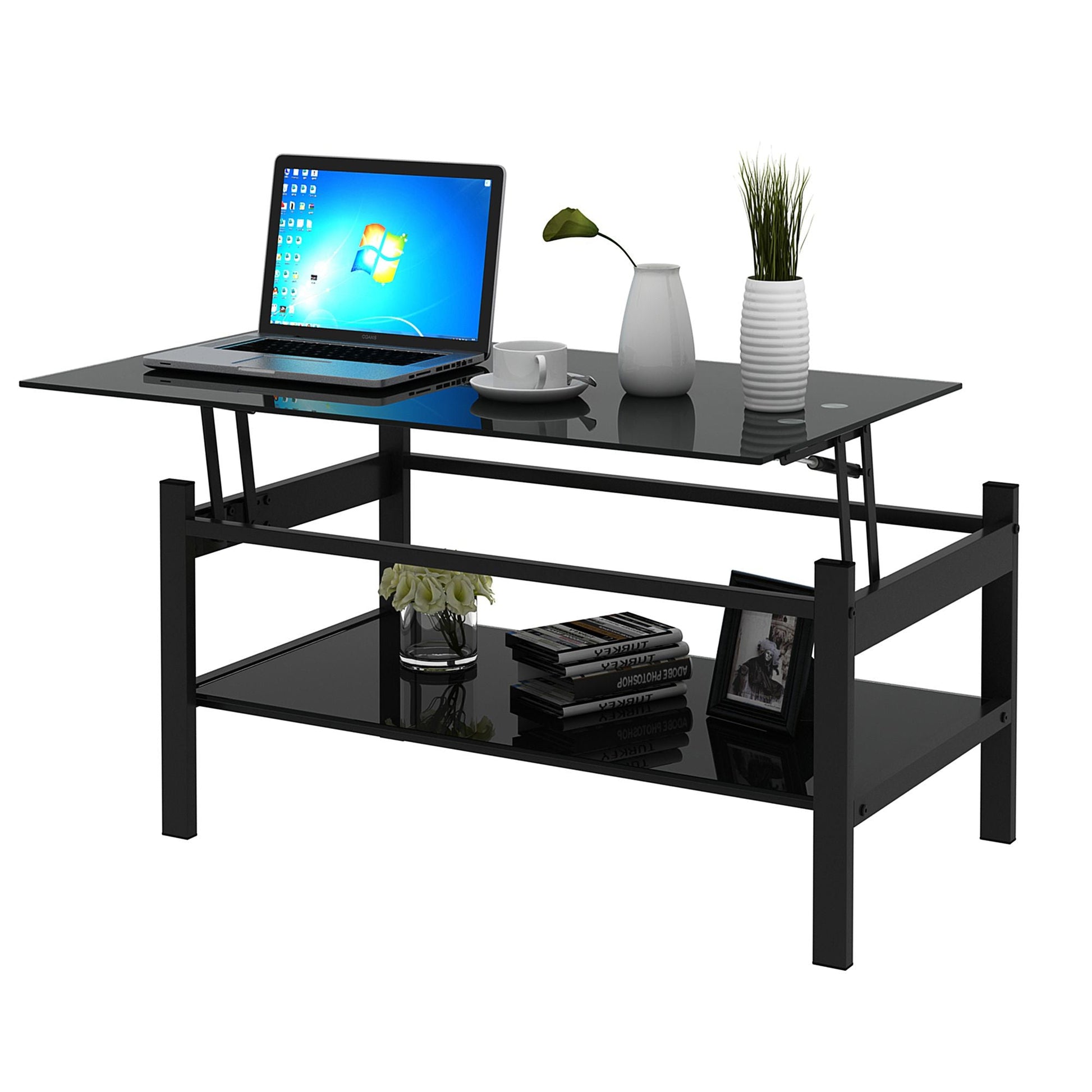 Glass Lift Top Coffee Table, Modern Simple 2 - Layer Tempered Glass Coffee Table for Living Room, Black - Asmota