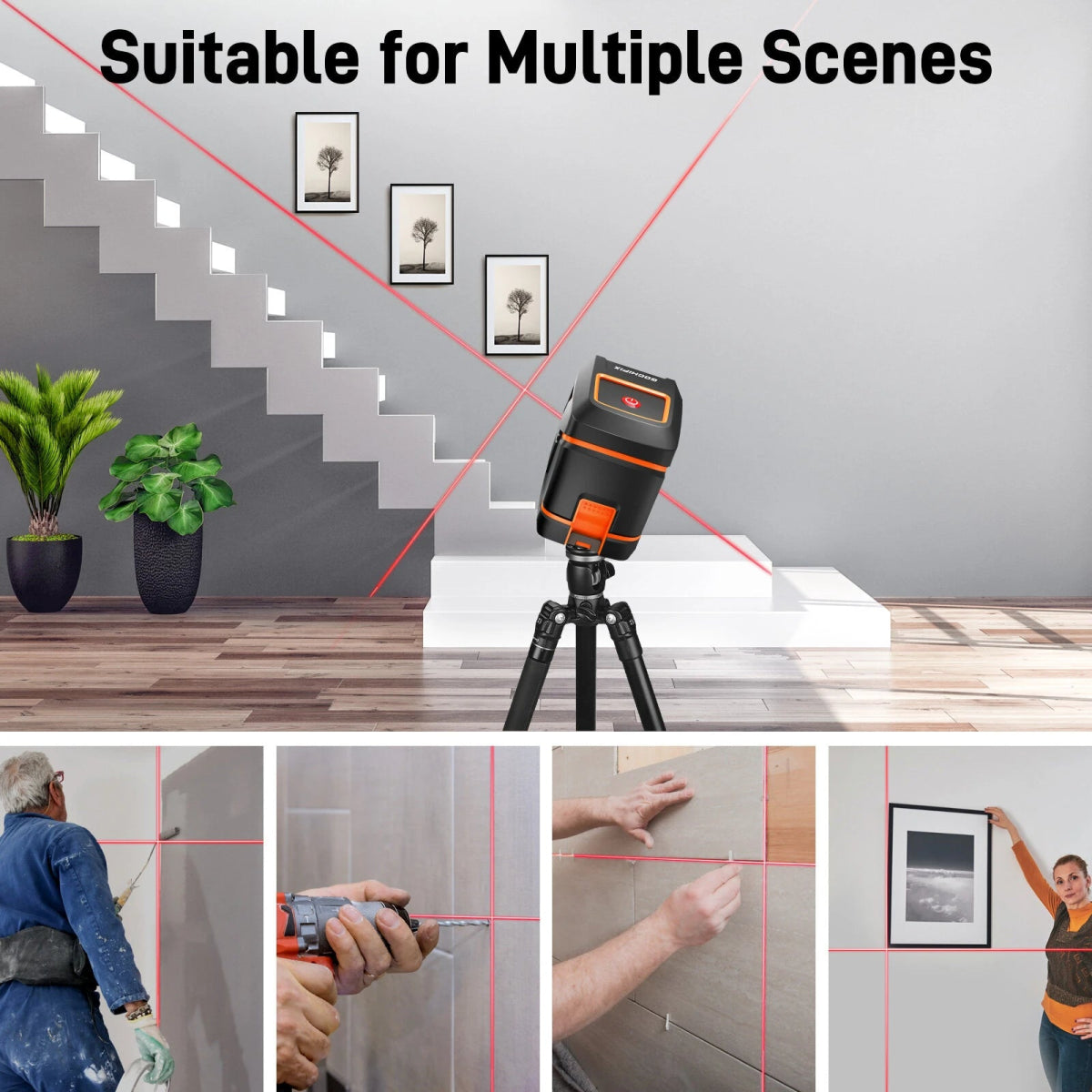 GOCHIFIX Laser Level Self Leveling 360 Red Laser Level Line Tool Wall Suction Stand Receiver 100ft Line Laser for Picture Hanging Outdoor Rechargeable Battery - Asmota