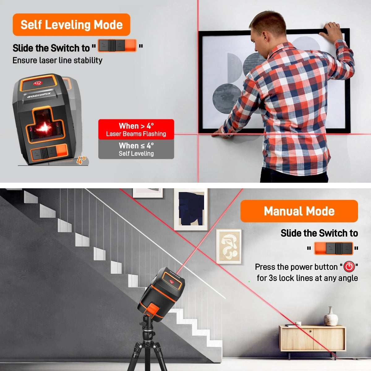 GOCHIFIX Laser Level Self Leveling 360 Red Laser Level Line Tool Wall Suction Stand Receiver 100ft Line Laser for Picture Hanging Outdoor Rechargeable Battery - Asmota