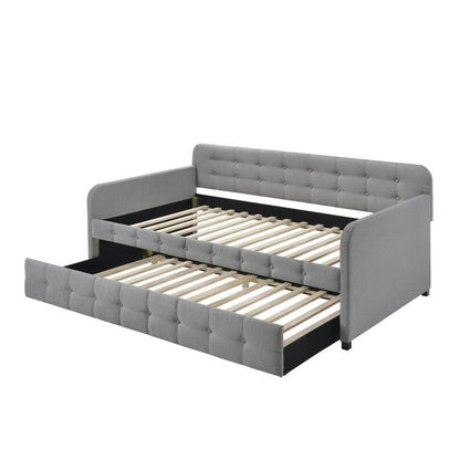 Gray Tufted Polyester Linen Twin Daybed with Trundle - Asmota