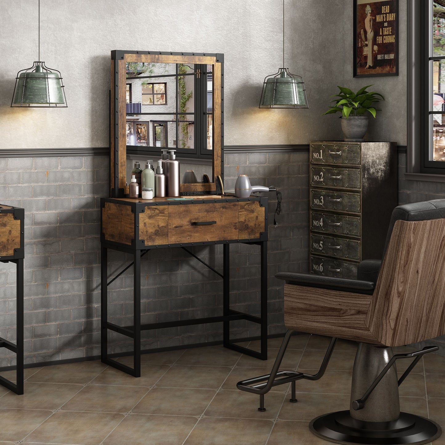 Hair salon table with mirror - burned wood grain - Asmota