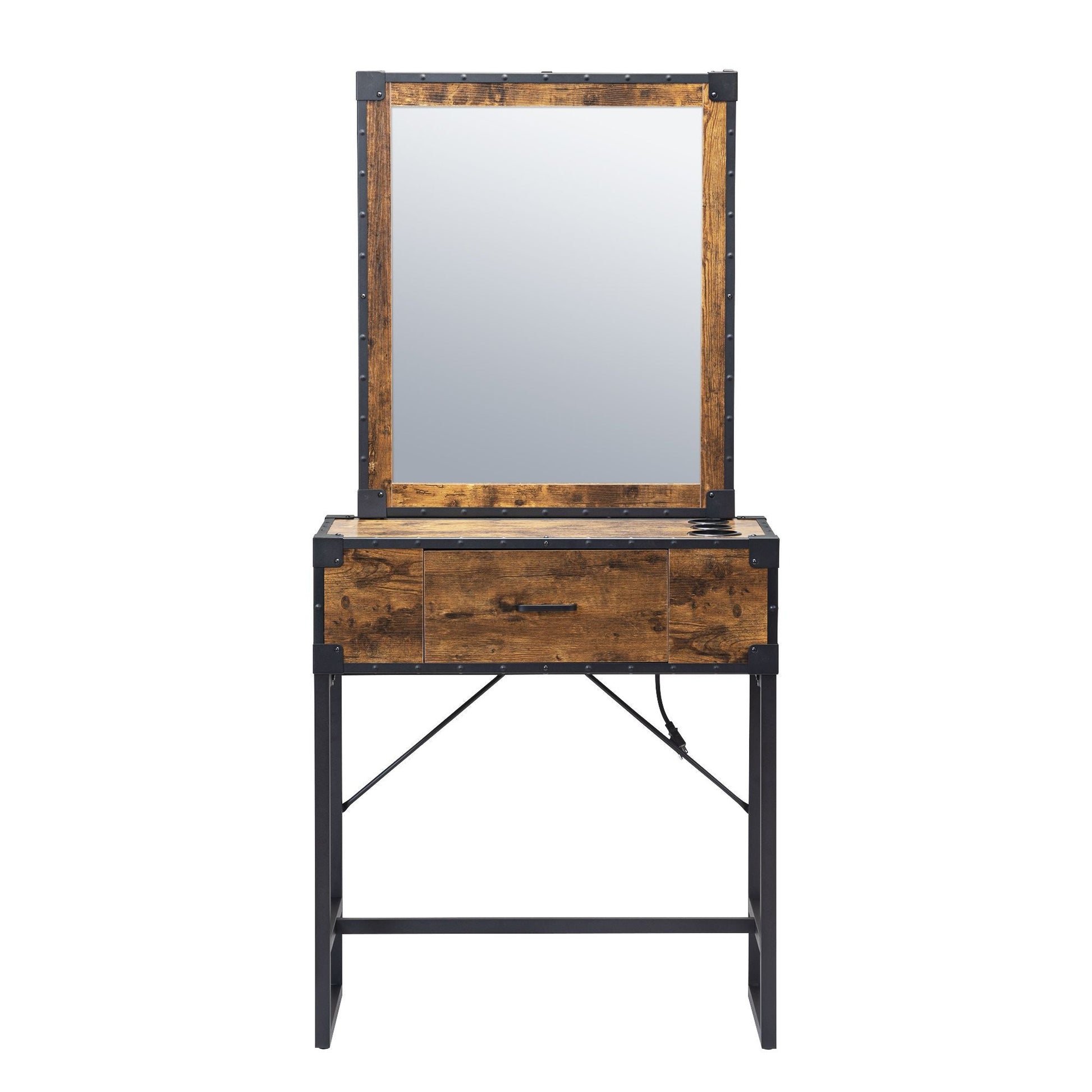 Hair salon table with mirror - burned wood grain - Asmota