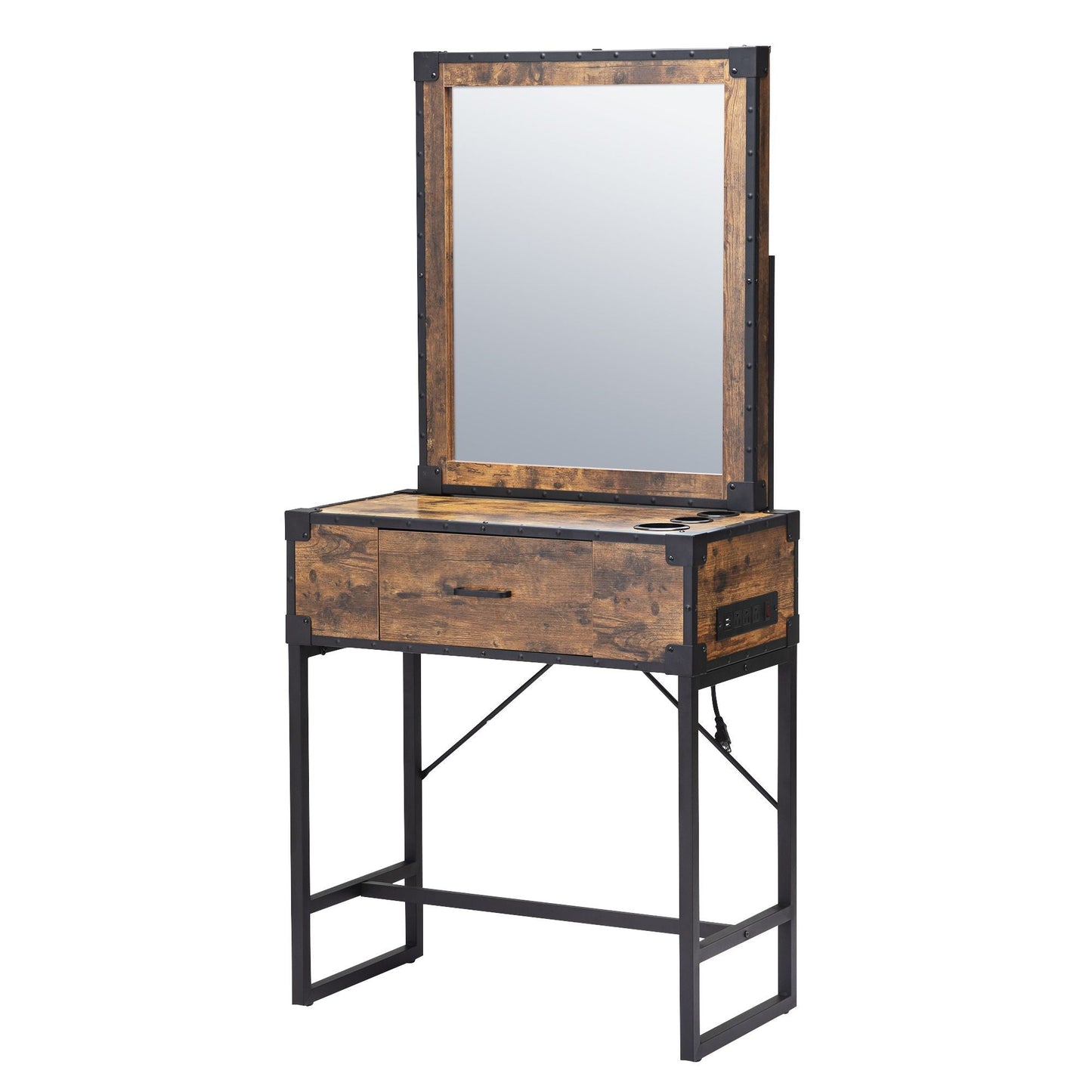 Hair salon table with mirror - burned wood grain - Asmota