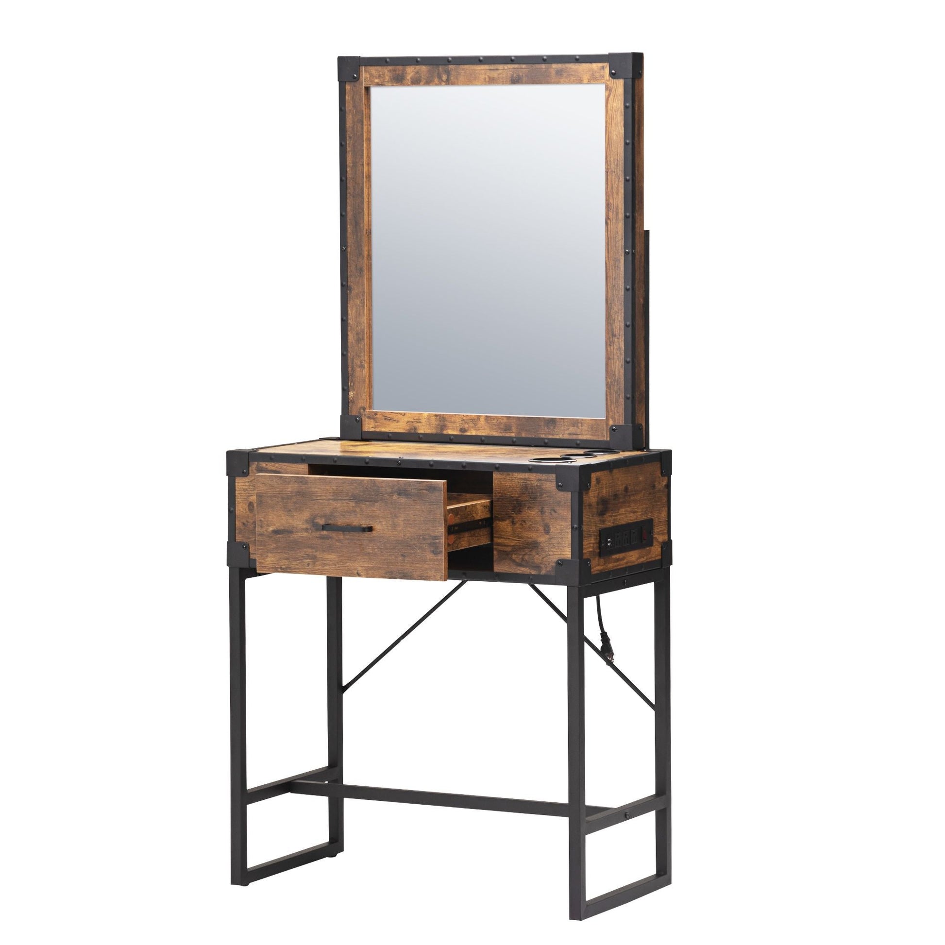 Hair salon table with mirror - burned wood grain - Asmota