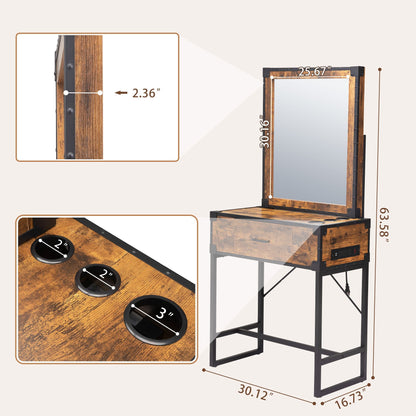 Hair salon table with mirror - burned wood grain - Asmota