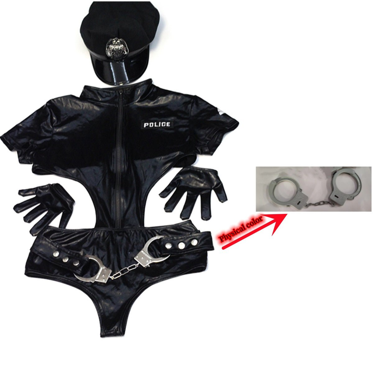 Halloween Carnival Party Game Costume Black Patent Leather Policewoman - Asmota