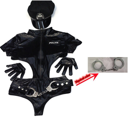 Halloween Carnival Party Game Costume Black Patent Leather Policewoman - Asmota
