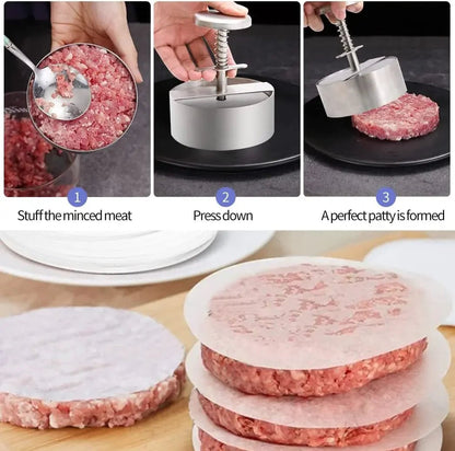 Hamburger Patty Maker Press 304 Stainless Steel Non - Stick Round Manual Rice Ball Mold Thickness Adjusted Kitchen Beef BBQ Tools - Asmota