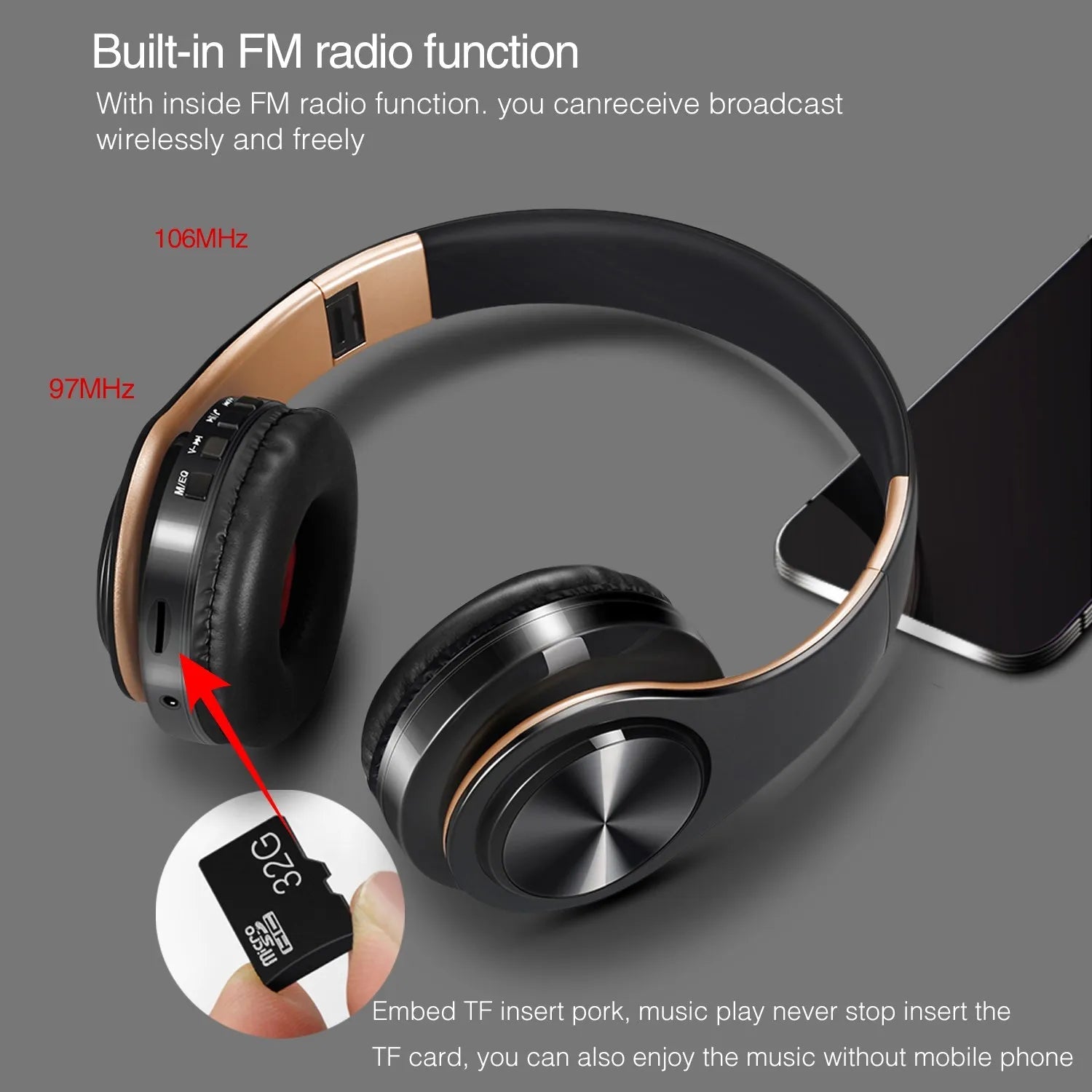 HIFI Stereo Earphones Bluetooth Headphone Music Headset FM and Support SD Card with Mic for Mobile Xiaomi Iphone Sumsamg Tablet - Asmota