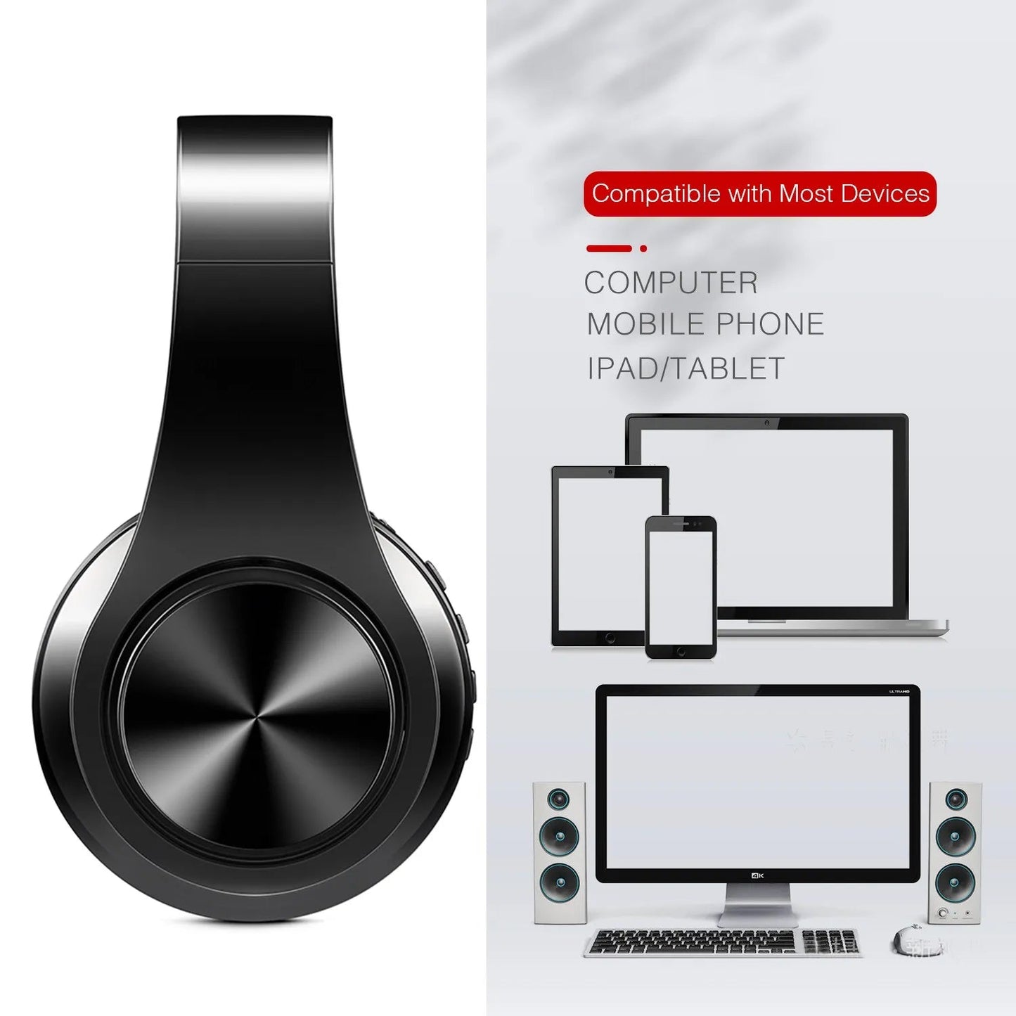 HIFI Stereo Earphones Bluetooth Headphone Music Headset FM and Support SD Card with Mic for Mobile Xiaomi Iphone Sumsamg Tablet - Asmota