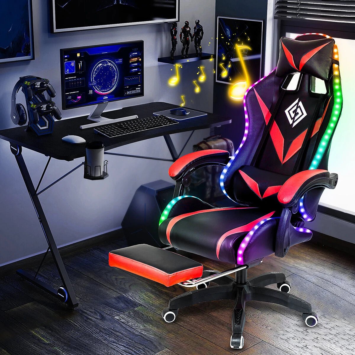 Hoffree Massage Gaming Chair Footrest Swivel Ergonomic Racing Computer Office Chair With LED bluetooth Speaker - Asmota