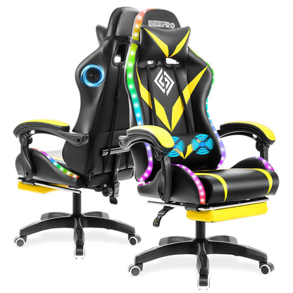 Hoffree Massage Gaming Chair Footrest Swivel Ergonomic Racing Computer Office Chair With LED bluetooth Speaker - Asmota