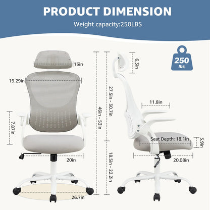 JHK Mesh Ergonomic Office Computer Desk Chair Flip - up Arms Adjustable Headrests Comfortable Lumbar Support For Home Office - Asmota