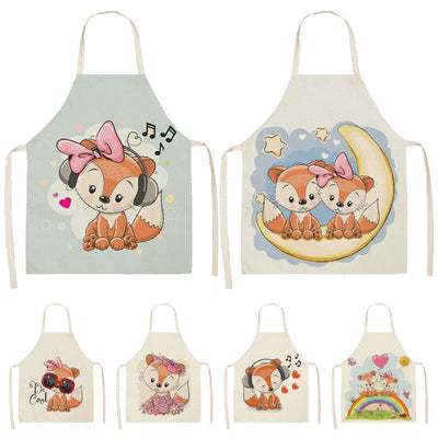 Kawaii Rainbow Fox Printed Cotton Linen Kitchen Apron