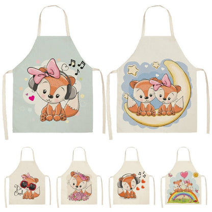 Kawaii Rainbow Fox Printed Cotton Linen Kitchen Apron - Asmota