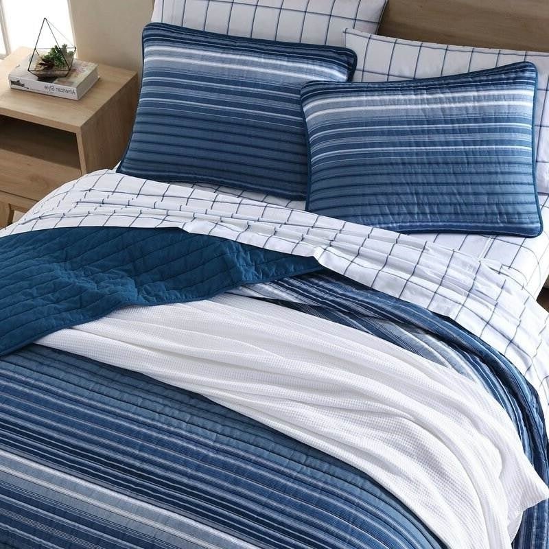 King Size Coastal Blue Stripe Reversible Cotton Quilt Set - Asmota