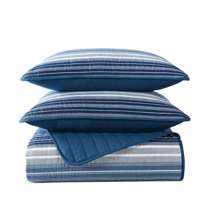 King Size Coastal Blue Stripe Reversible Cotton Quilt Set - Asmota