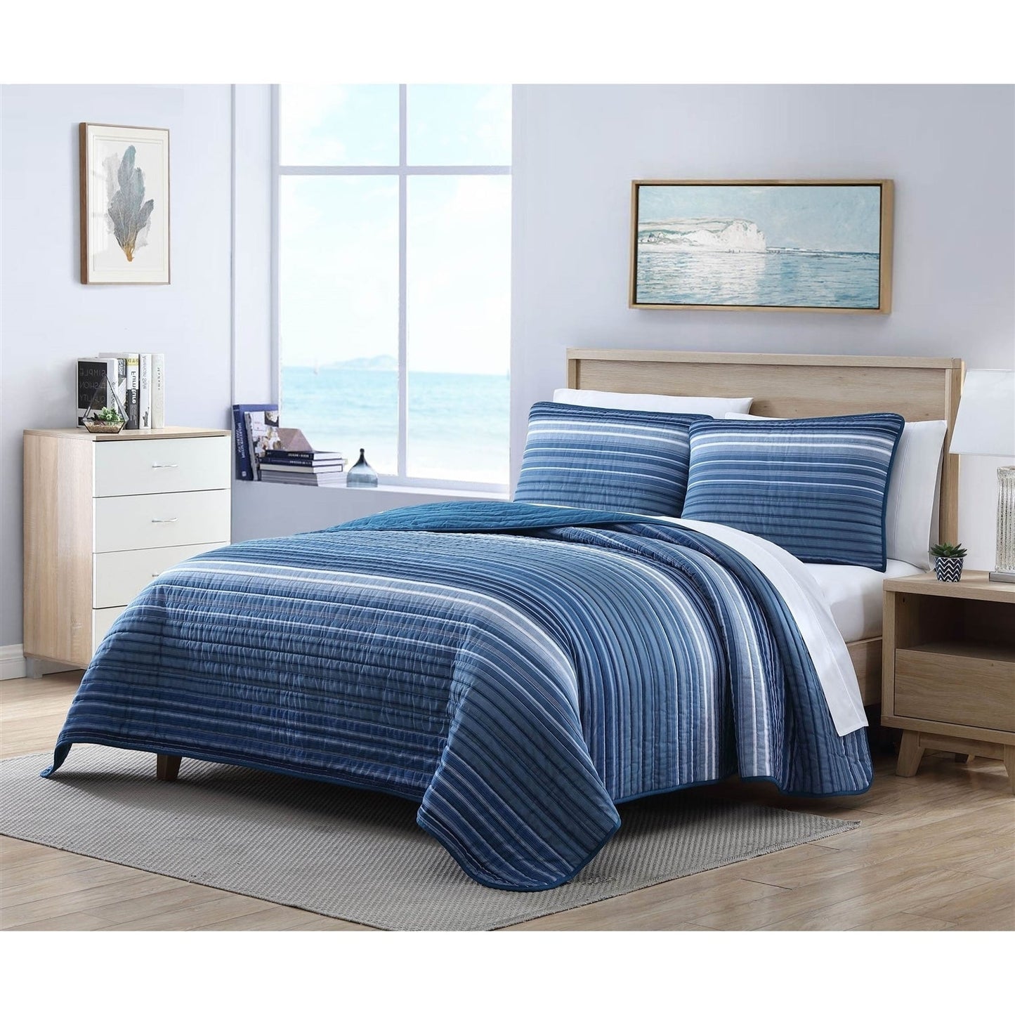 King Size Coastal Blue Stripe Reversible Cotton Quilt Set - Asmota