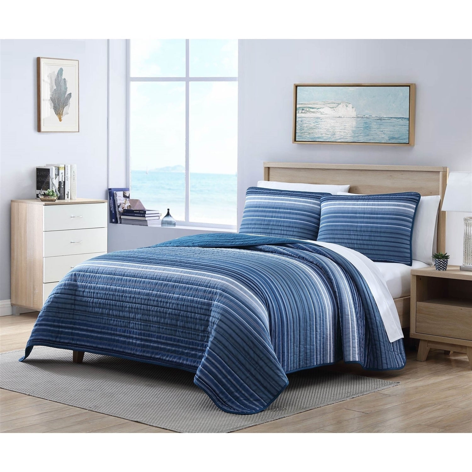 King Size Coastal Blue Stripe Reversible Cotton Quilt Set - Asmota