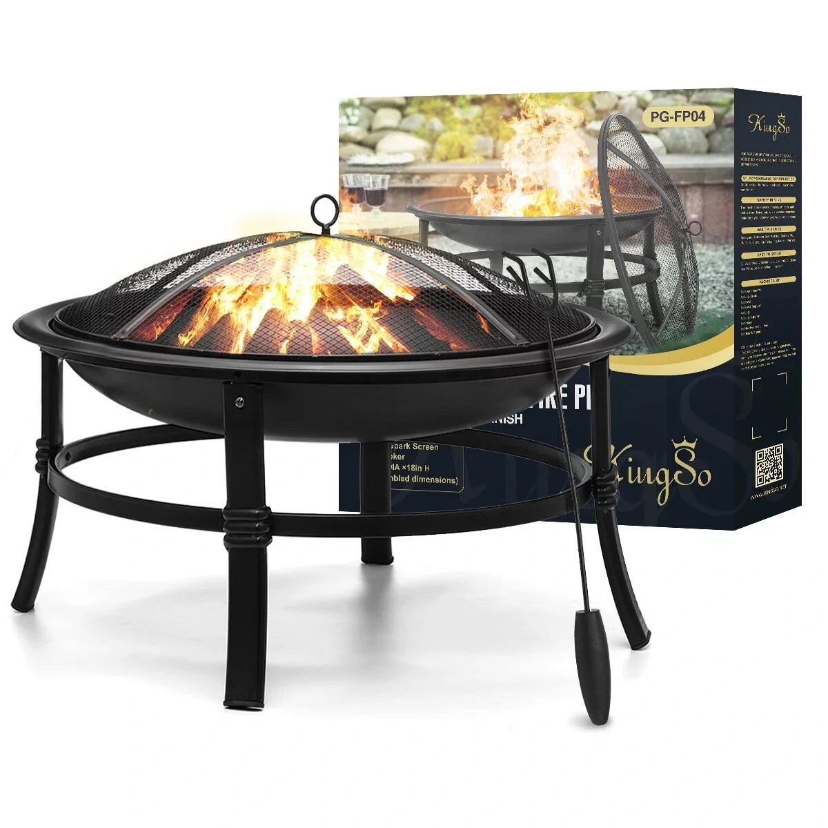 KingSo 26 inch Fire Pit for Outdoor Round Wood Burning Fire Pit Bowl with Mesh Screen and Fire Poker - Asmota