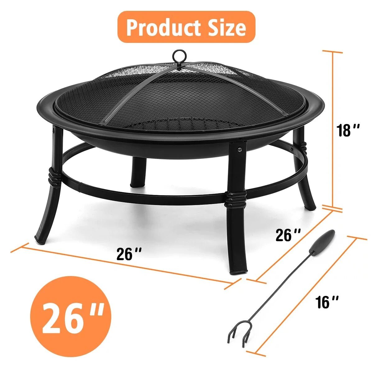 KingSo 26 inch Fire Pit for Outdoor Round Wood Burning Fire Pit Bowl with Mesh Screen and Fire Poker - Asmota
