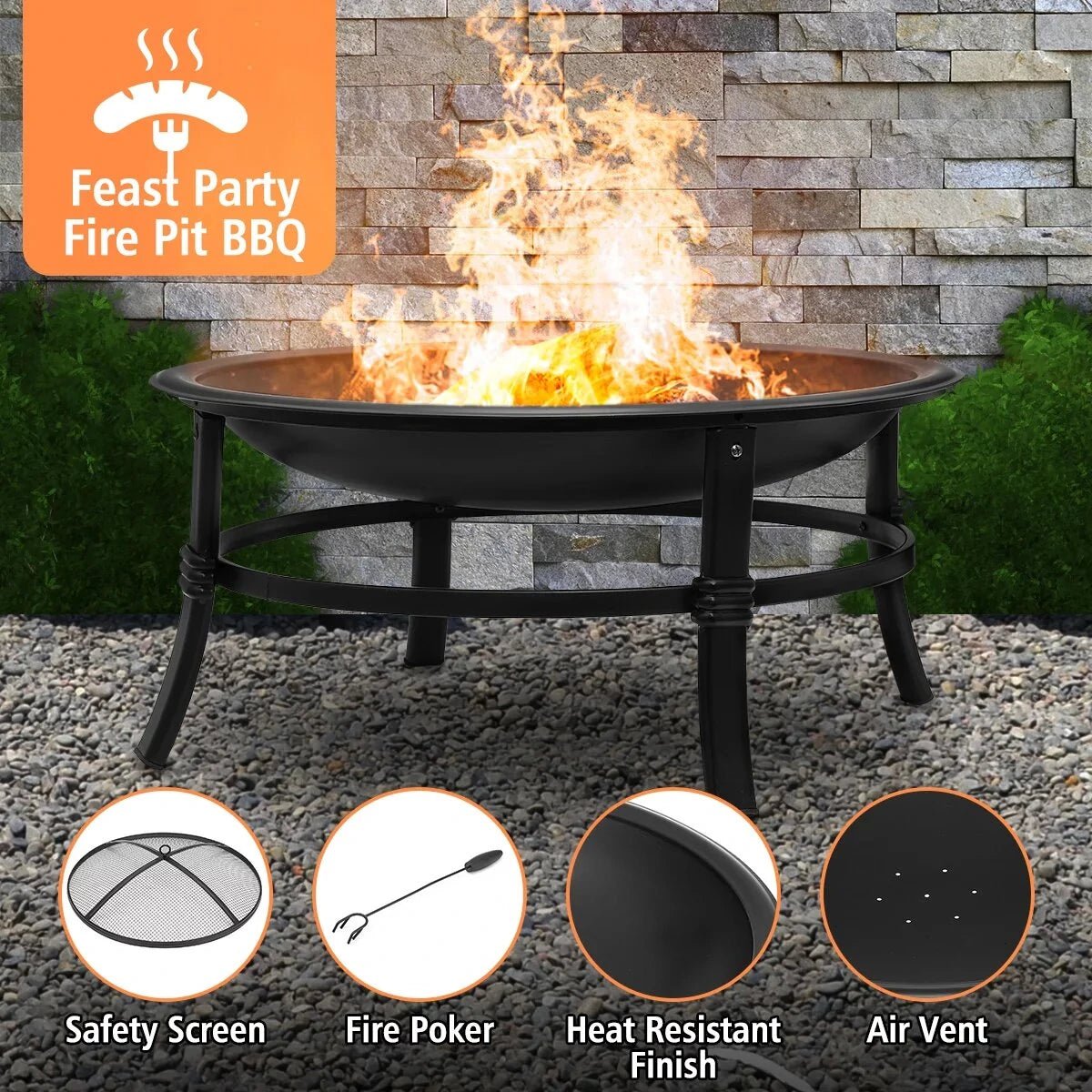 KingSo 26 inch Fire Pit for Outdoor Round Wood Burning Fire Pit Bowl with Mesh Screen and Fire Poker - Asmota