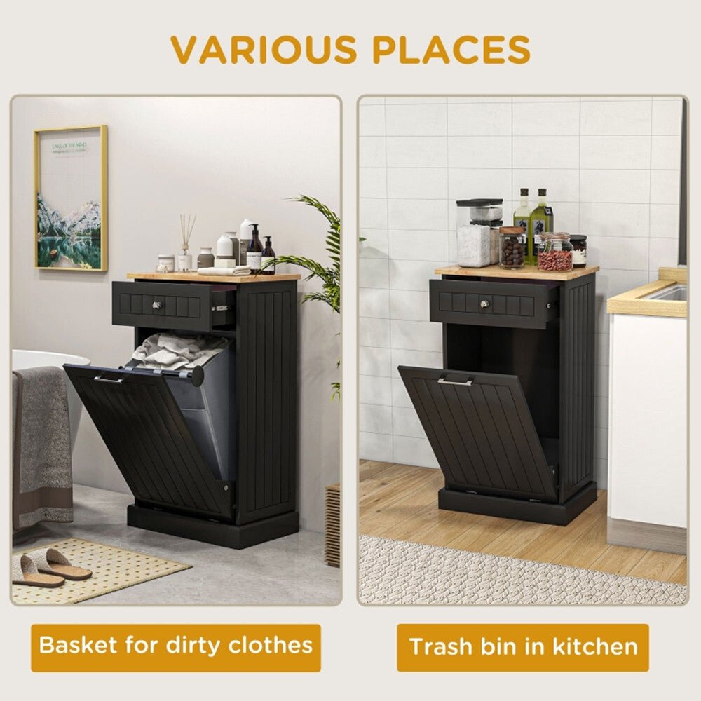Kitchen Tilt Out Trash Bin Cabinet Free Standing Recycling Cabinet Trash Can Holder With Drawer, Black - AS - Asmota