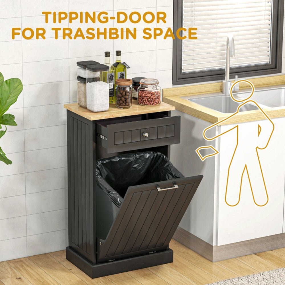 Kitchen Tilt Out Trash Bin Cabinet Free Standing Recycling Cabinet Trash Can Holder With Drawer, Black - AS - Asmota