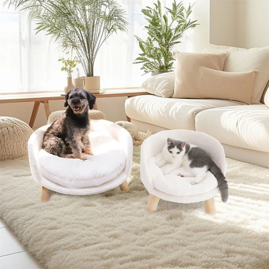 Luxury Cat Bed Soft Warm Plush Fabric Pet Nesting Chair Bed Stool Wood Legs with Cushion Pad Washable Waterproof for Small Pets - Asmota