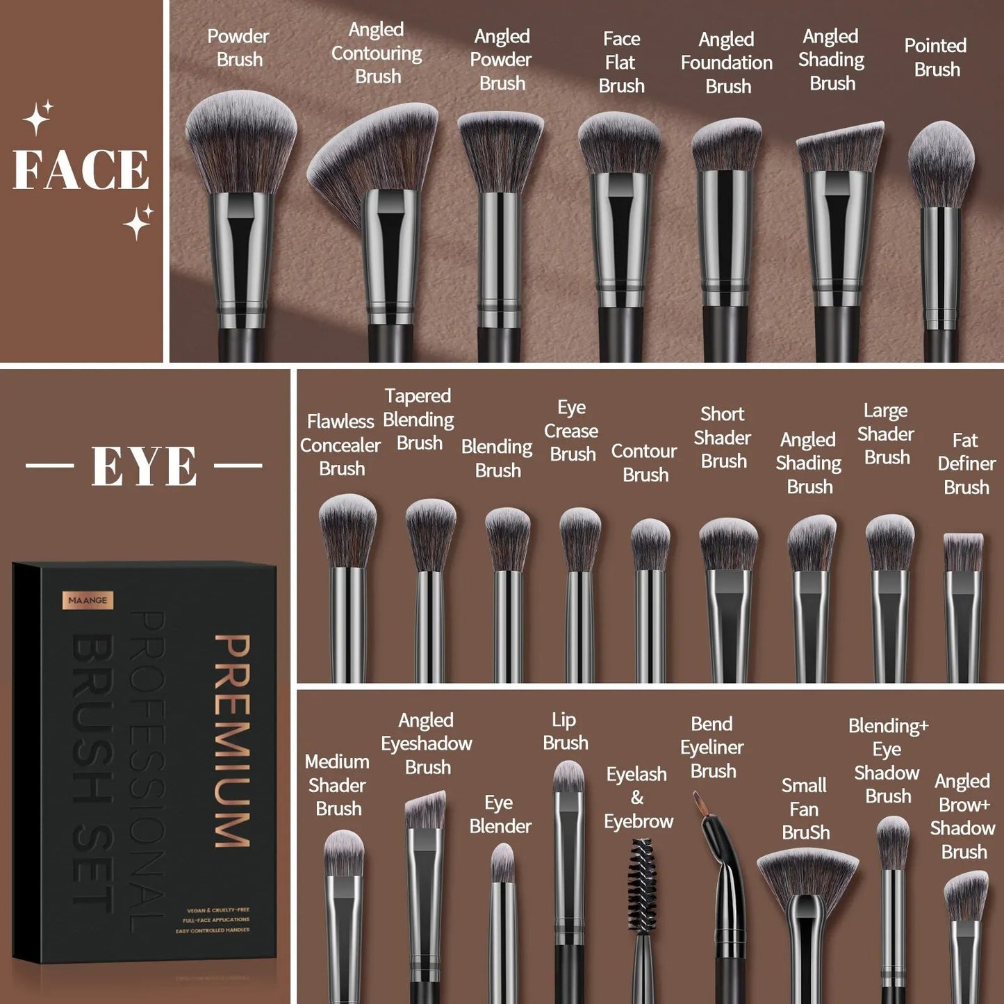 MAANGE Professional Gift Box 25 Pieces Makeup Brushes Kit Face Eye Beauty Brushes For Foundation Conceal Eyeshadow Contour Brush - Asmota