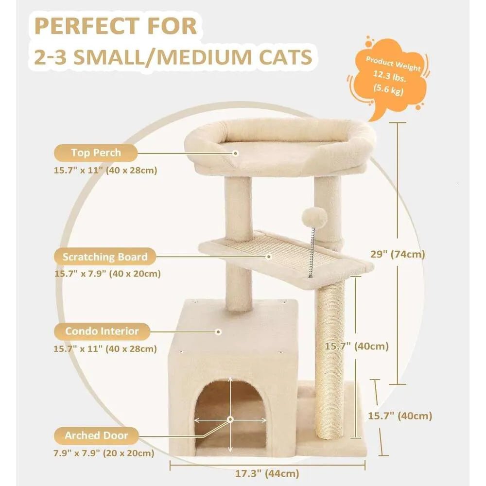 Made4Pets Cat Tree, Cat Tower Indoors Cute Wood Kitty Condo with Scratching Post Pad, 29" Multi - Level Modern Activity Climbing Furniture, Beige, 3 - 7days delivery - Asmota