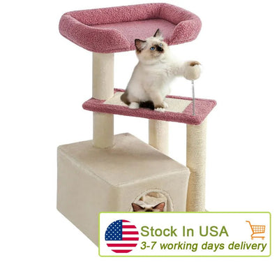 Made4Pets Cat Tree, Cat Tower Indoors Cute Wood Kitty Condo with Scratching Post Pad, 29" Multi-Level Modern Activity Climbing Furniture, Pink, 3-7days delivery