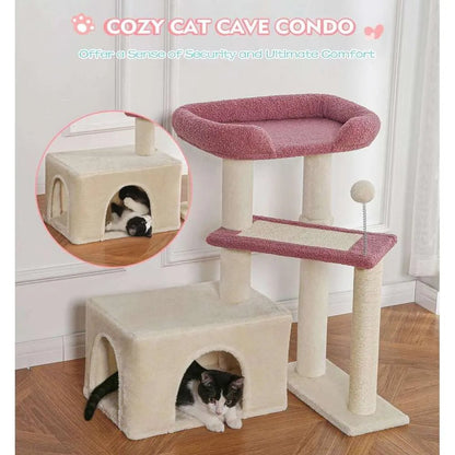 Made4Pets Cat Tree, Cat Tower Indoors Cute Wood Kitty Condo with Scratching Post Pad, 29" Multi - Level Modern Activity Climbing Furniture, Pink, 3 - 7days delivery - Asmota