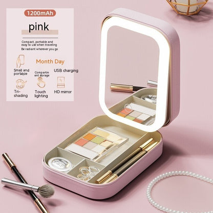 Makeup Storage Box With LED Light Mirror Portable Travel Makeup Cosmetics Storage Box Touch Light Storage Organizer - Asmota